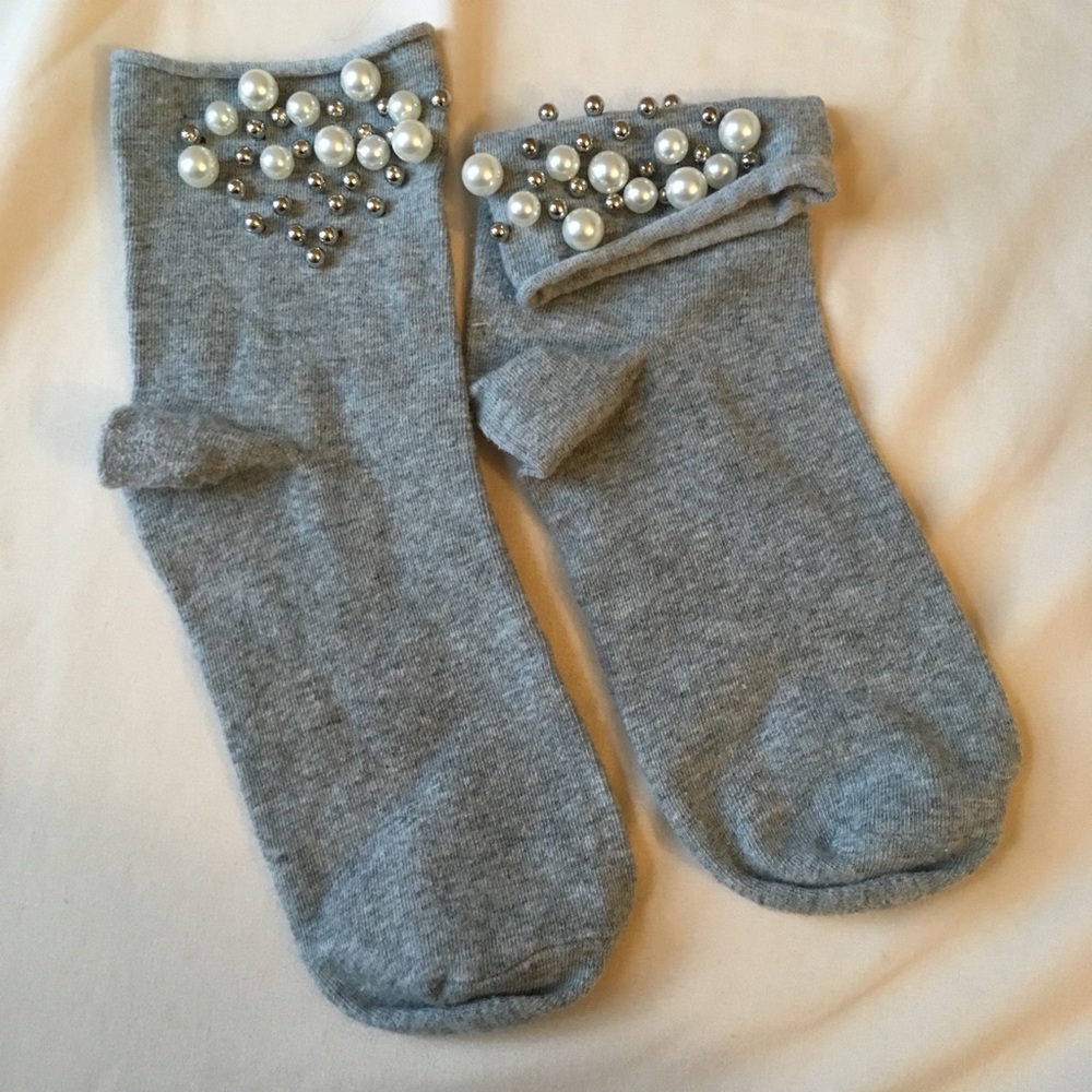 Beaded Gray Crew Socks with Faux Pearls